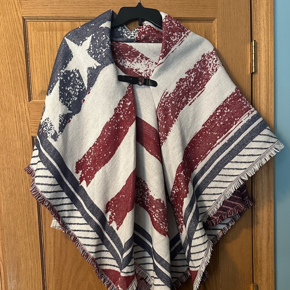 American Flag Print Shawl Poncho - Red, White & Blue